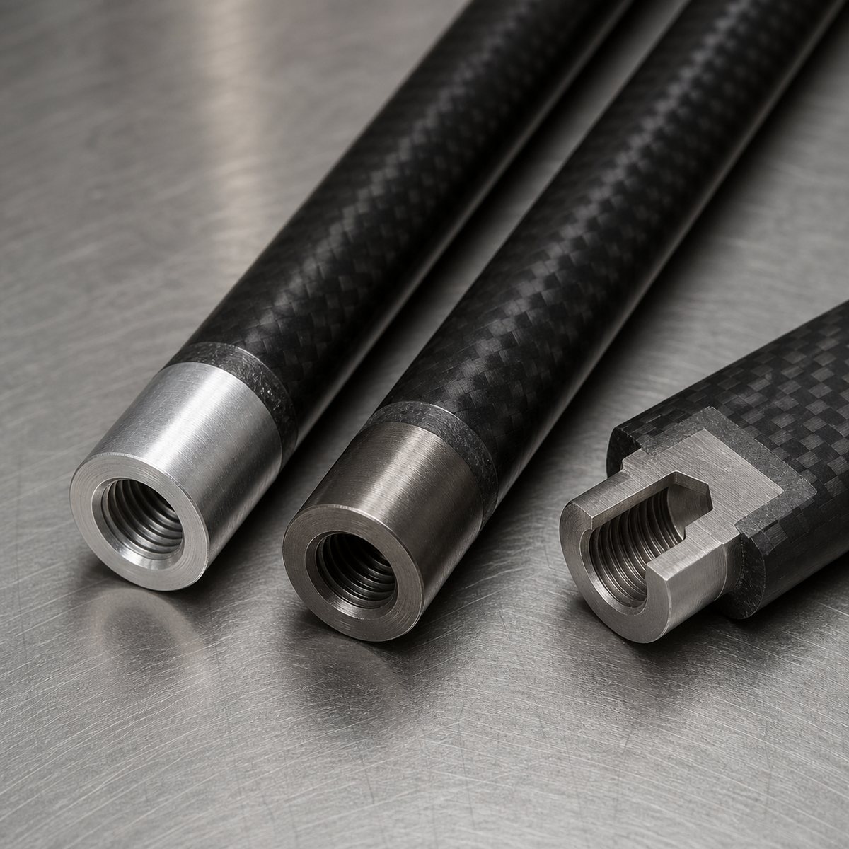 Female threaded inserts bonded into carbon fiber rods