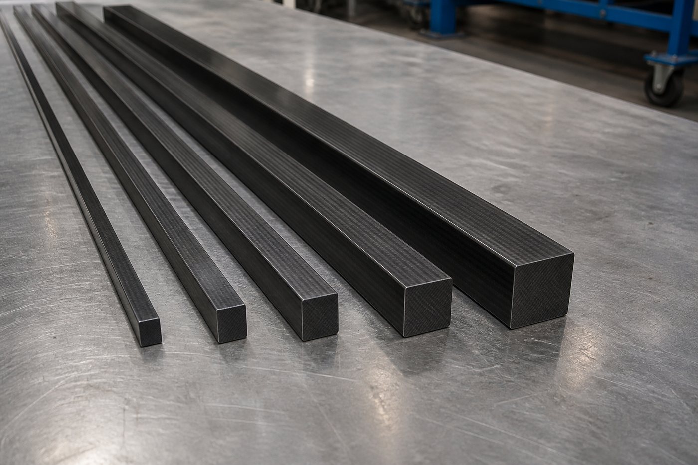 Solid pultruded carbon fiber square rods in custom sizes