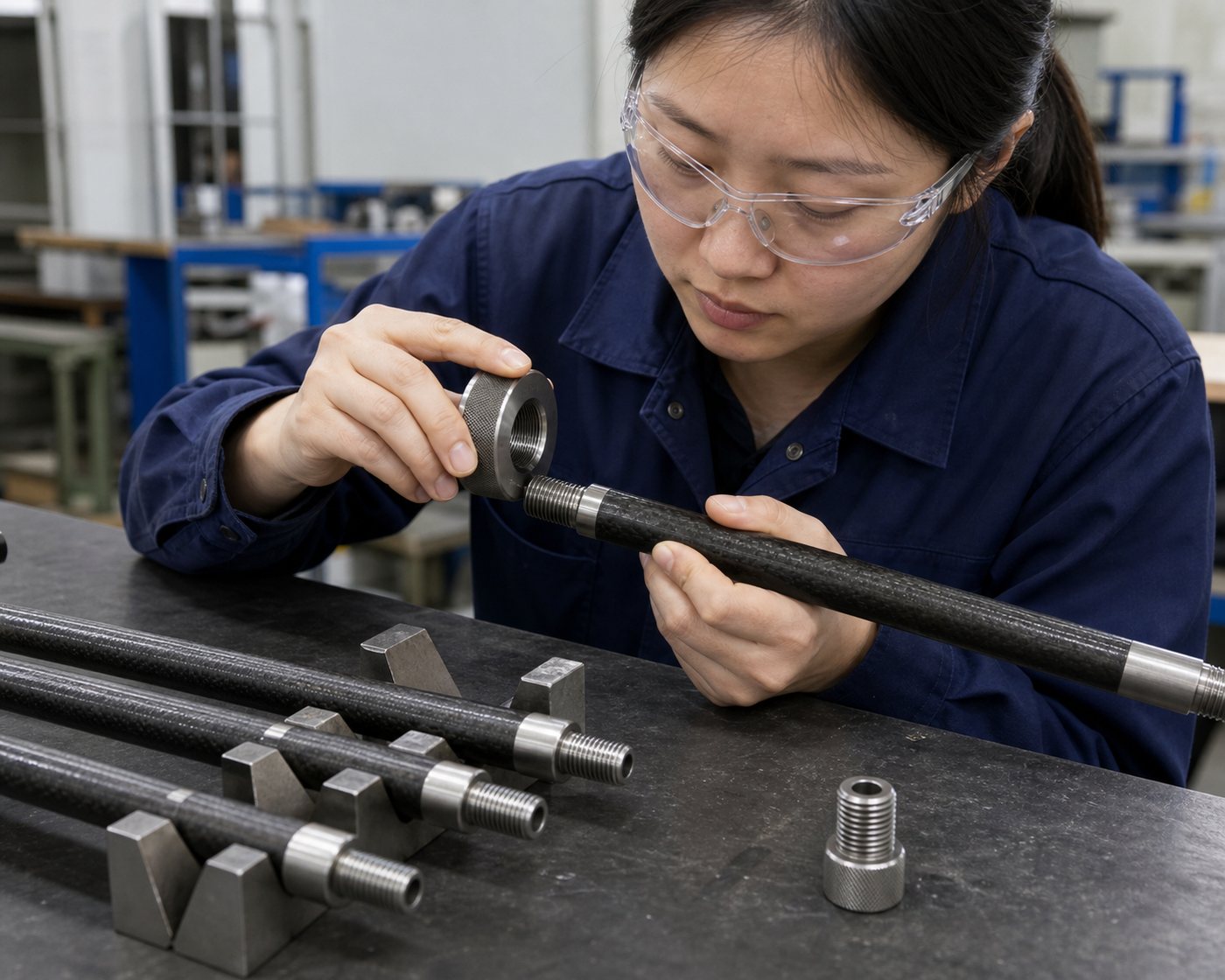 Mechanical thread gauge inspection of a carbon fiber threaded rod