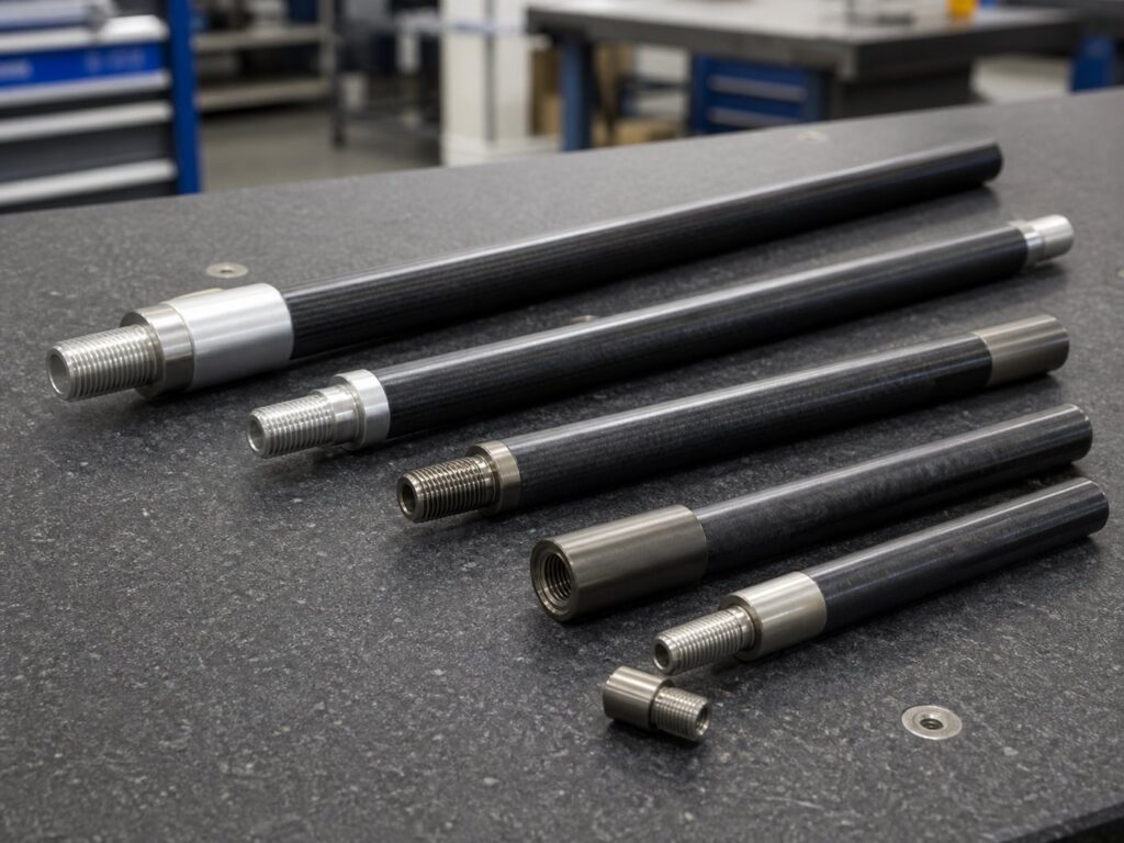 Custom carbon fiber threaded rods with male and female metal inserts