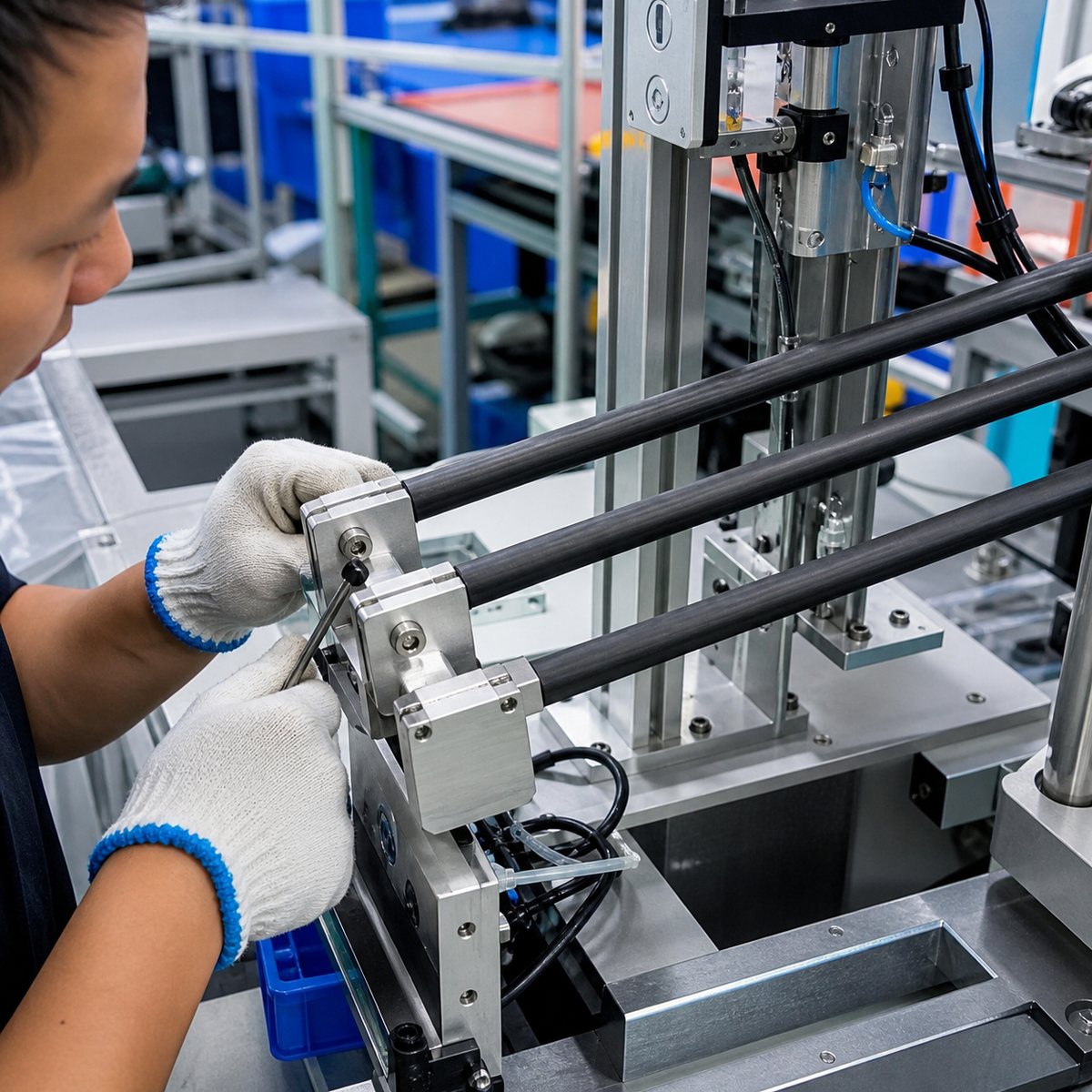 Pultruded carbon fiber rods used in an industrial automation assembly