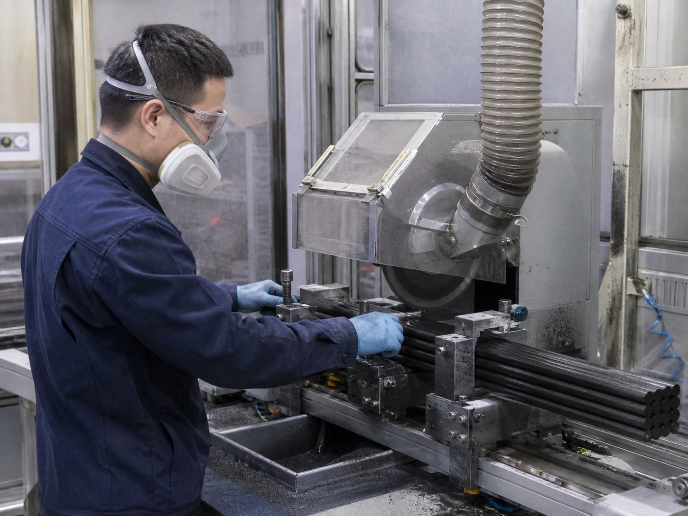 Asian technician cutting pultruded carbon fiber rods to custom lengths