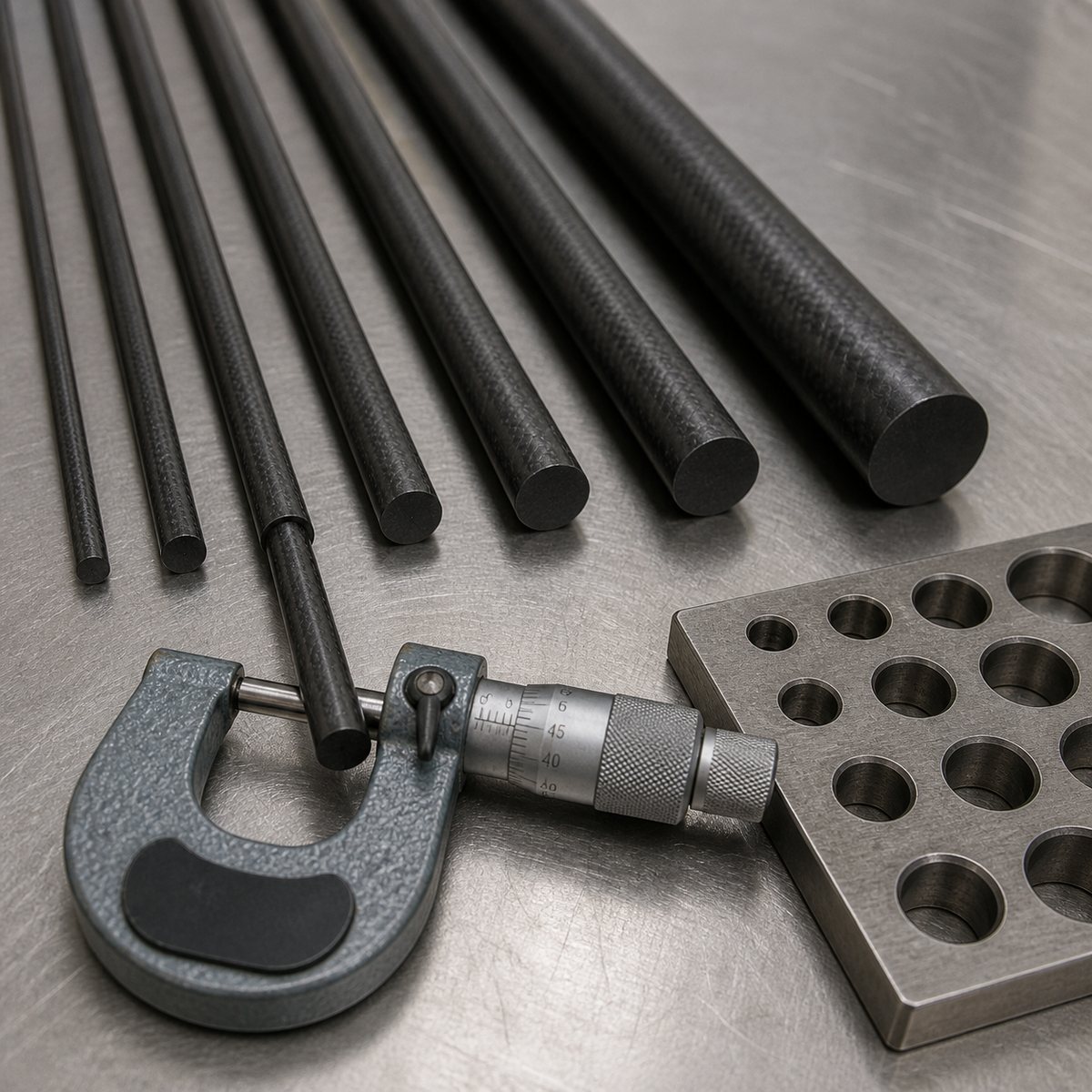 Custom diameter pultruded carbon fiber rods inspected with a mechanical micrometer