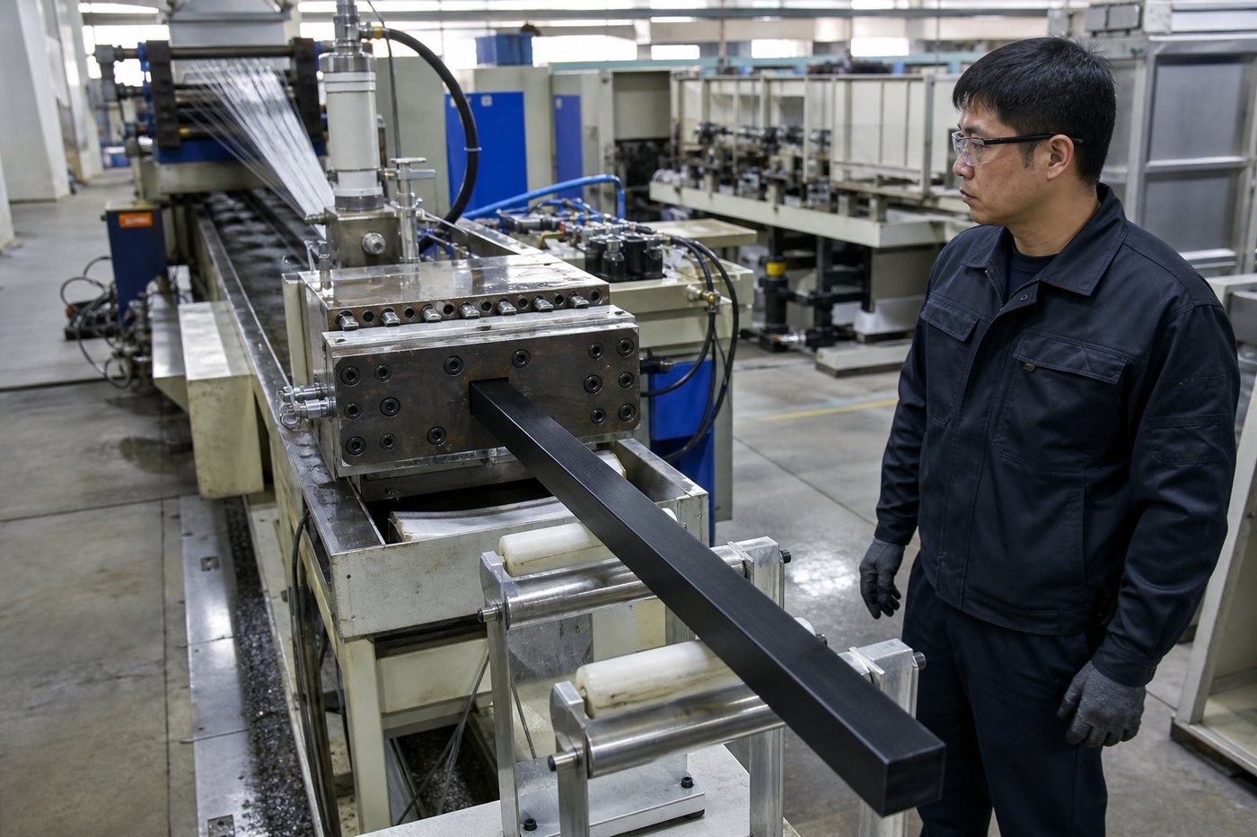 Pultrusion production of a solid carbon fiber square rod