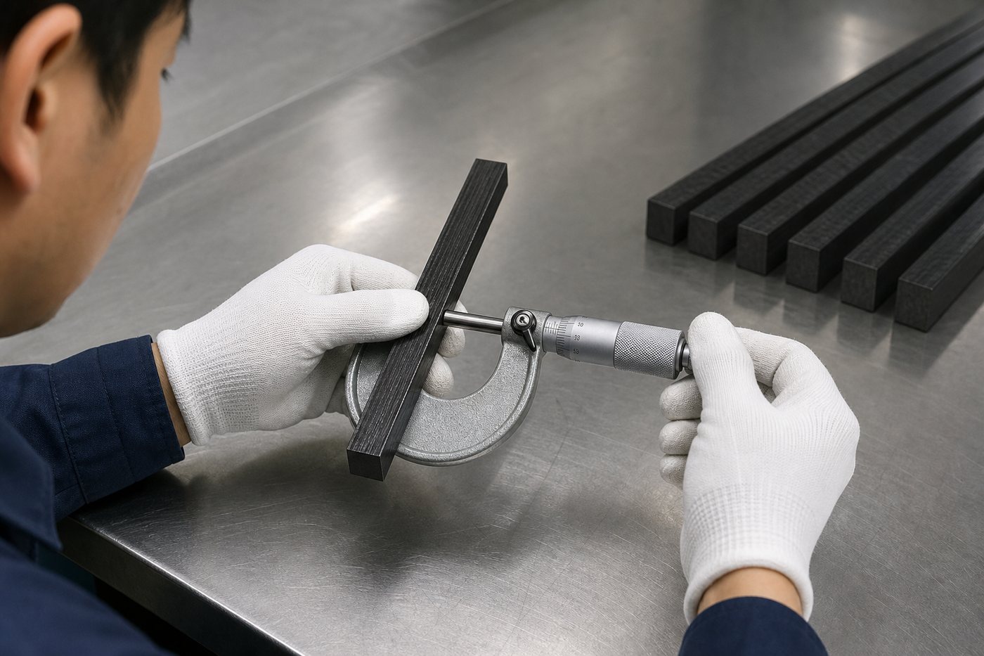 Mechanical micrometer inspection of a carbon fiber square rod