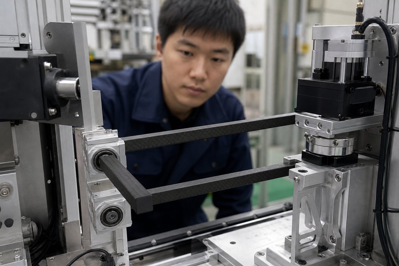 Carbon fiber square rods used in an industrial robotic linkage