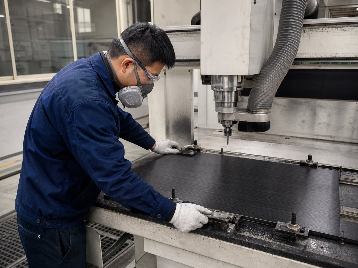 Asian technician CNC machining a custom UD carbon fiber plate
