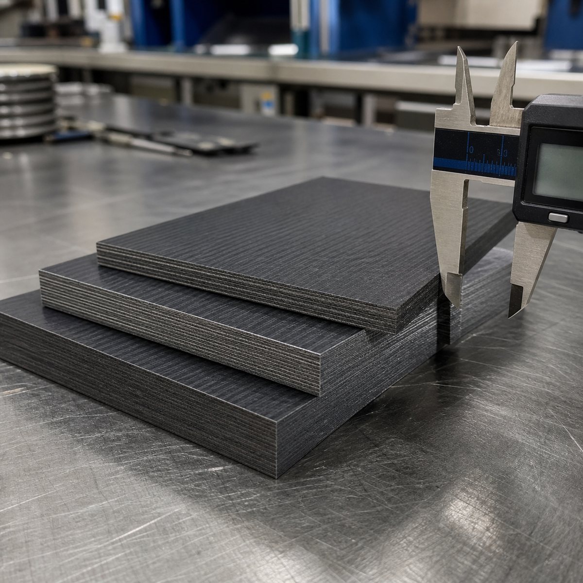 Custom thickness UD carbon fiber plate edge measured with a digital caliper