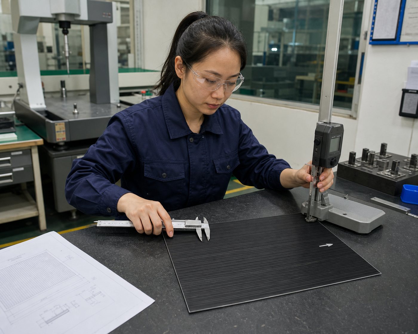 Asian quality technician inspecting fiber direction and thickness of a UD carbon fiber sheet
