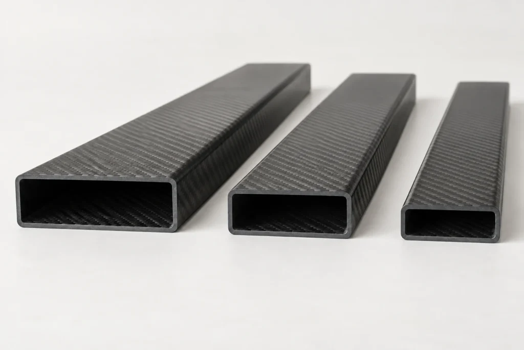 Illustration of three hollow carbon fiber rectangular tubes with wide shallow cross-sections