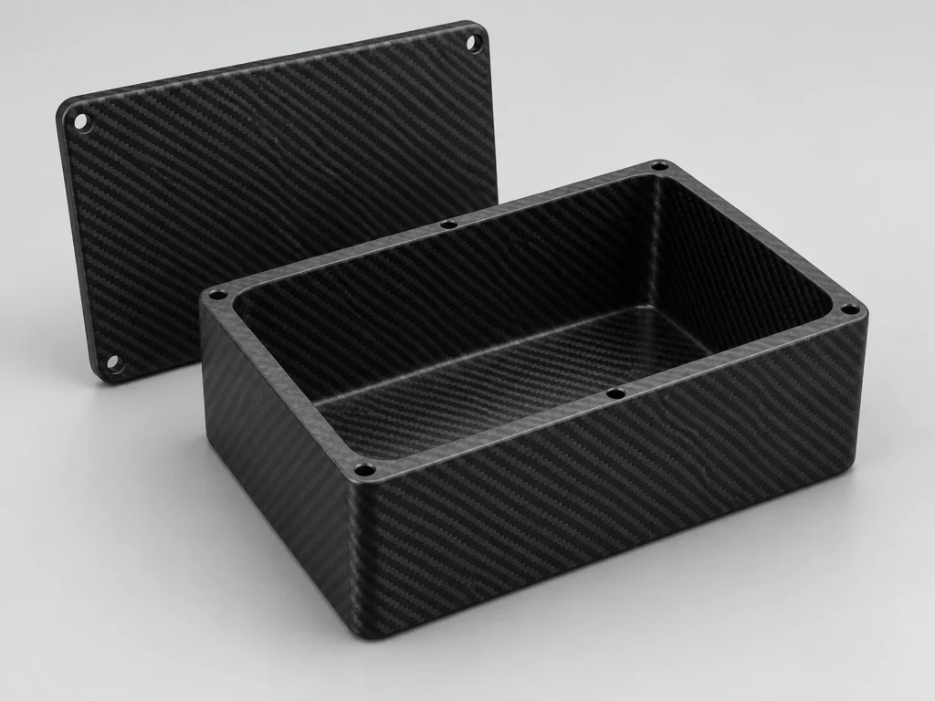 Custom carbon fiber box with removable lid — illustrative design concept