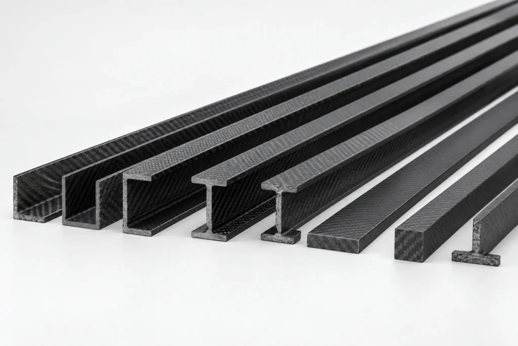 Illustration of custom carbon fiber structural profiles including channels beams and solid bars