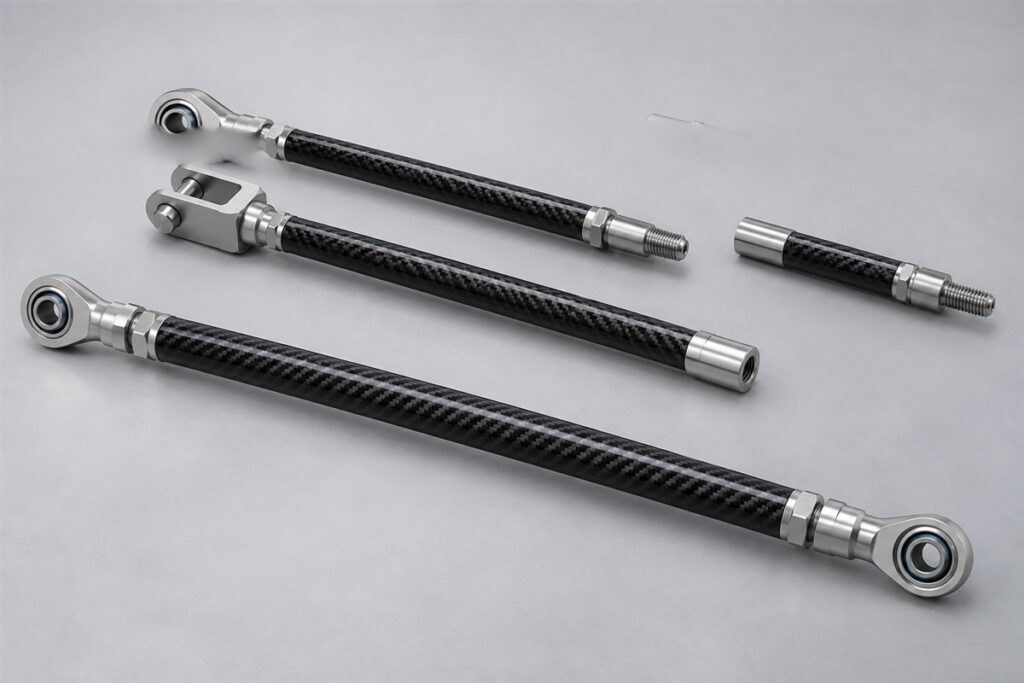Illustration of custom carbon fiber push rods and linkage assemblies with metal end fittings
