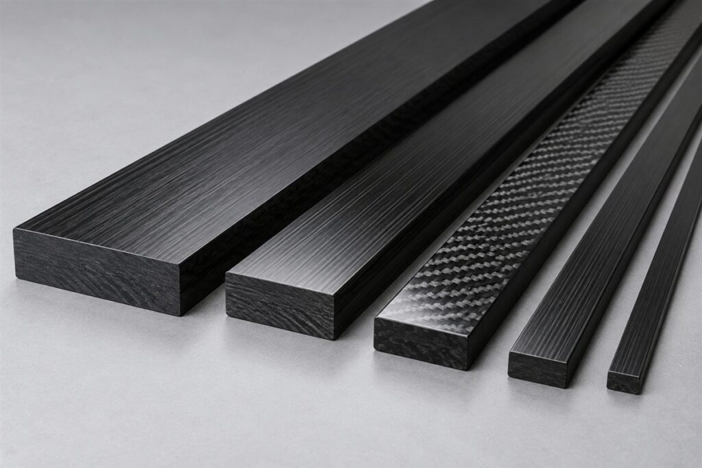 Illustration of custom carbon fiber strips and solid carbon fiber flat bars in different widths and thicknesses