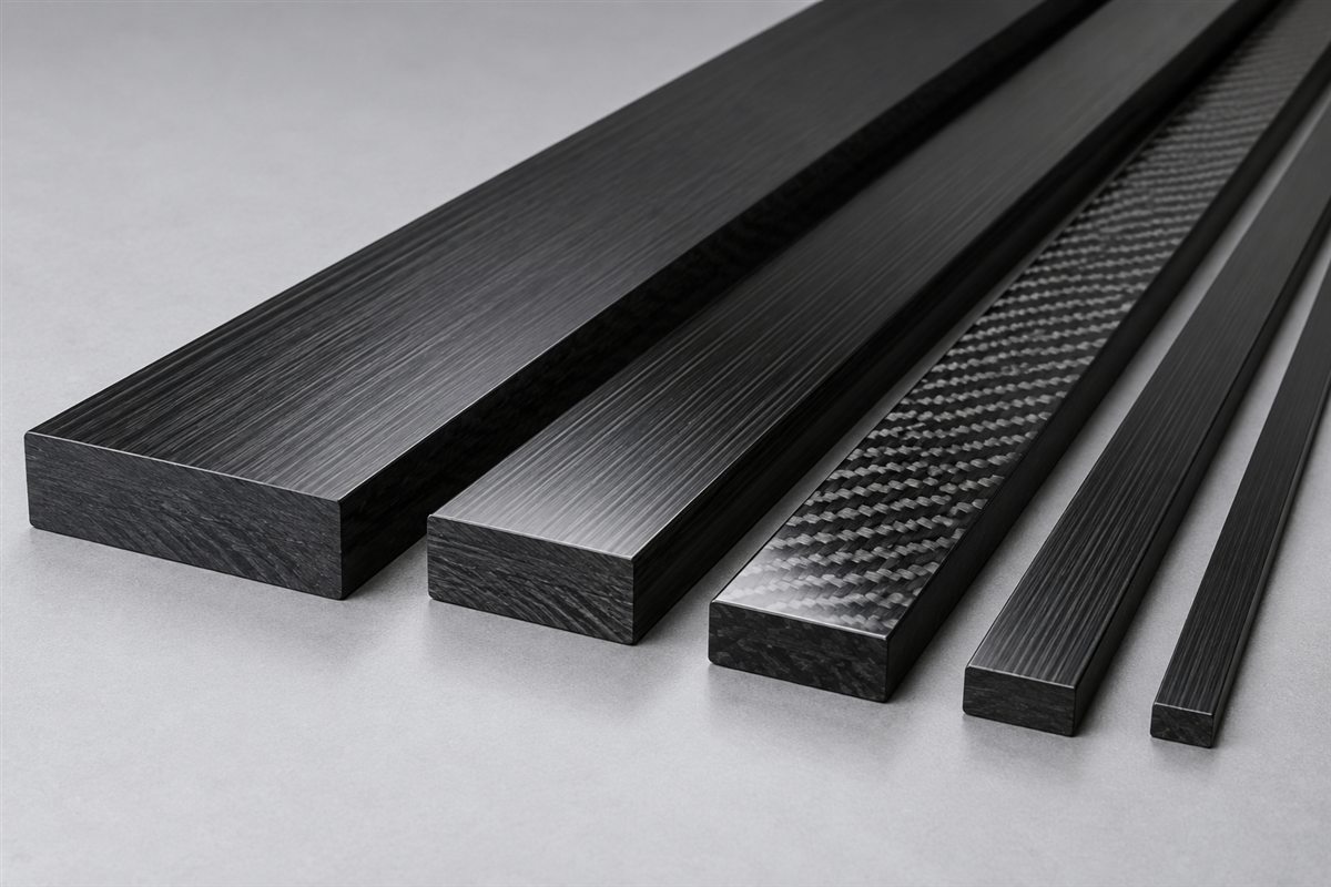 Illustration of custom carbon fiber strips and solid carbon fiber flat bars in different widths and thicknesses