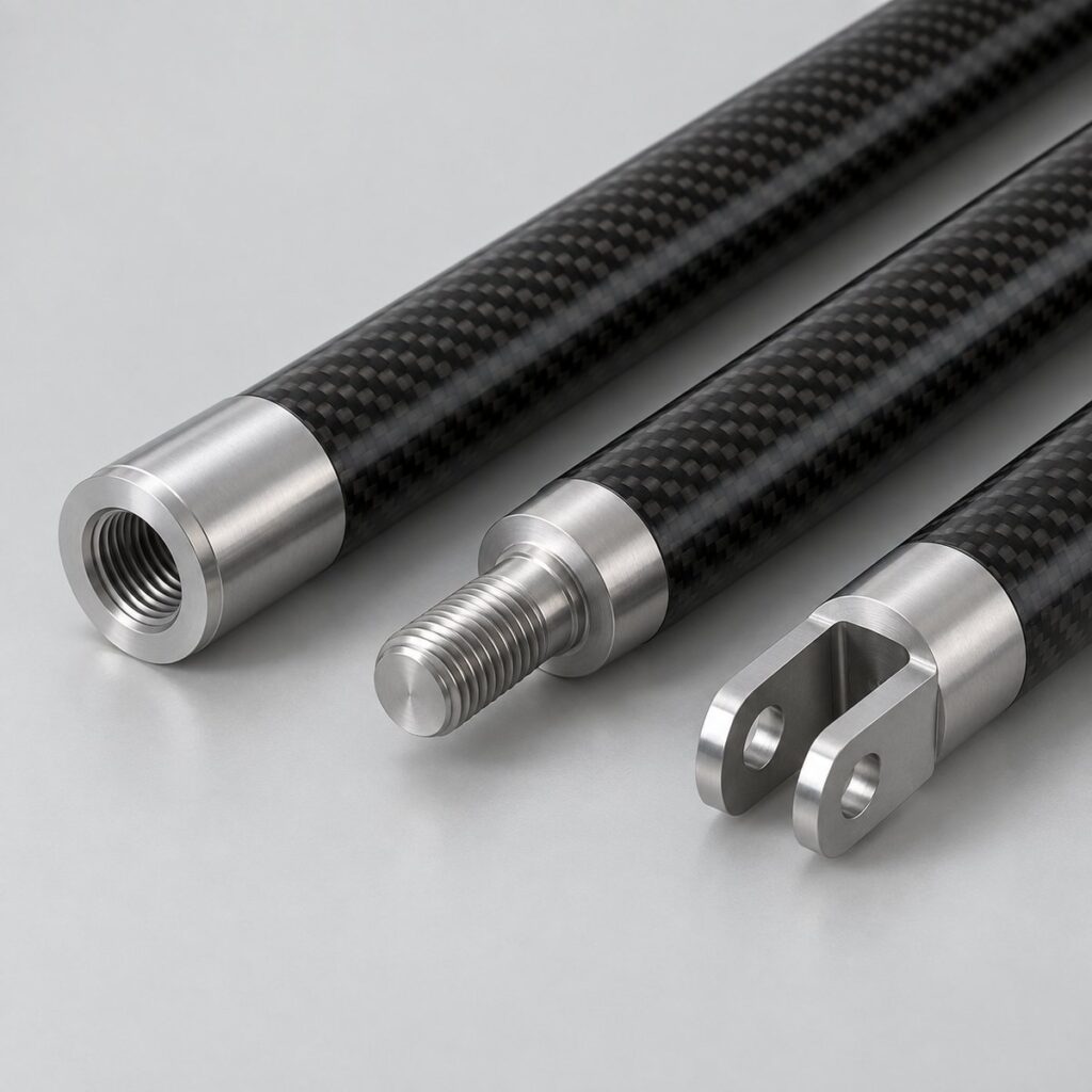 Illustration of custom carbon fiber tube assemblies with threaded and clevis end fittings