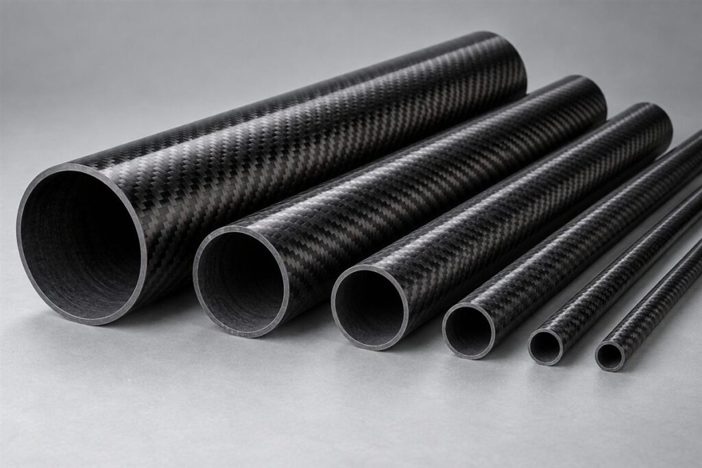 Illustration of custom roll wrapped carbon fiber tubes in different diameters and wall thicknesses