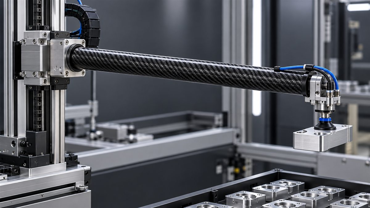 Carbon fiber tube cantilever carrying a vacuum gripper in a pick-and-place automation system