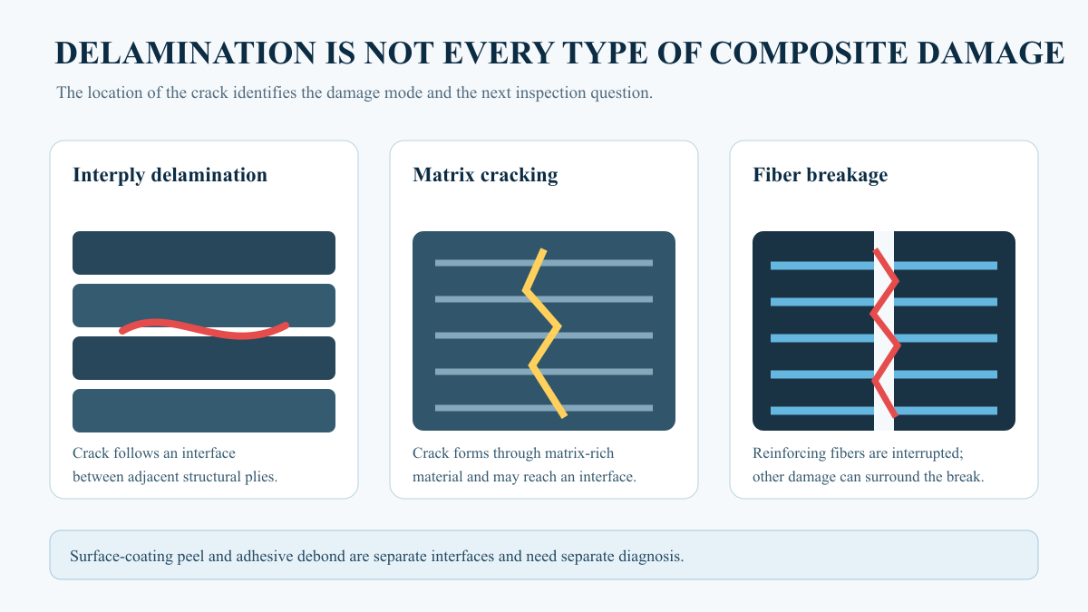Diagram comparing interply carbon fiber delamination with matrix cracking and fiber breakage