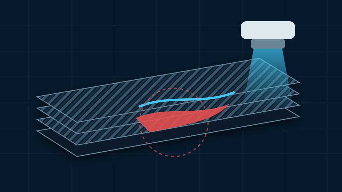 Cutaway illustration of an internal delamination between layers of a carbon fiber plate beneath a nondestructive inspection sensor