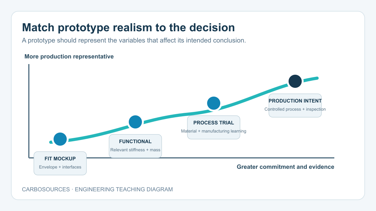 Diagram comparing fit mockup, functional prototype, process trial and production-intent prototype realism